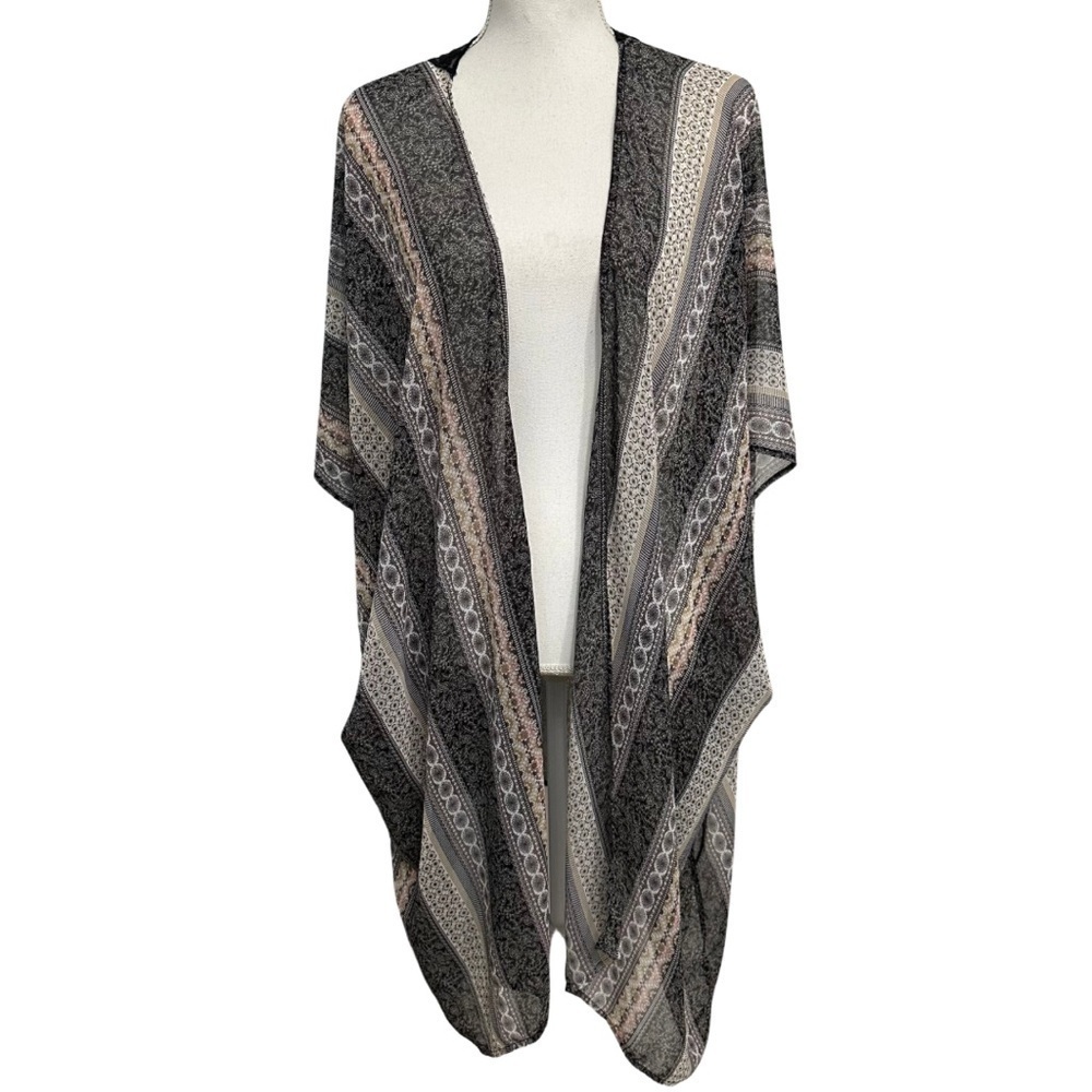 Daniel Rainn Duster Semi Sheer Longer Length SZ 1X Black White Grey EUC Boho